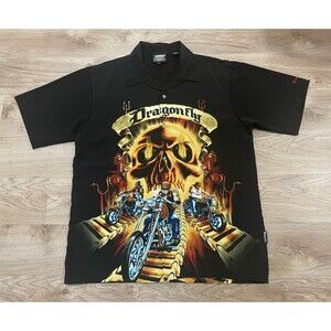 Dragonfly Clothing Biker Skull Shirt Men’s Large AOP Motorcycle Button Up VTG